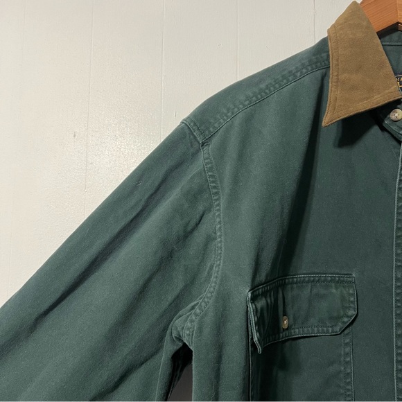 Woolrich 90’s Loden Gorpcore Button Down Canvas Shirt Faux Suede Collar Size M - Picture 4 of 11